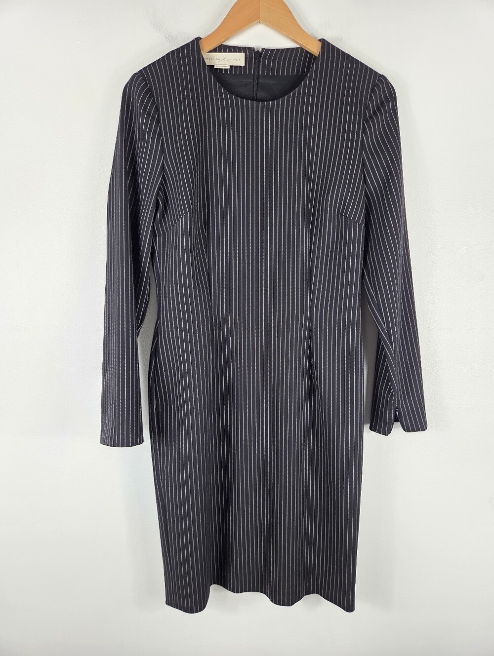 Stella McCartney Wool Stretch Pinstripe Long Sleeve Knee Length Midi Dress